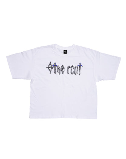 BOXY TEE MEDIEVAL LETTERING ZAFIRO – WHITE
