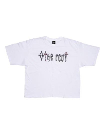 BOXY TEE MEDIEVAL LETTERING RUBY – WHITE